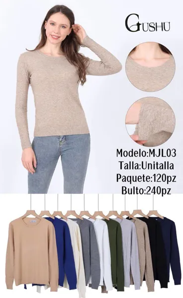 Suéter de punto liso de cuello redondo manga larga para mujer