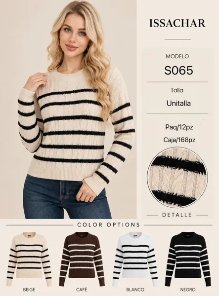 Suéter tejido de trenzas a rayas con cuello redondo para mujer