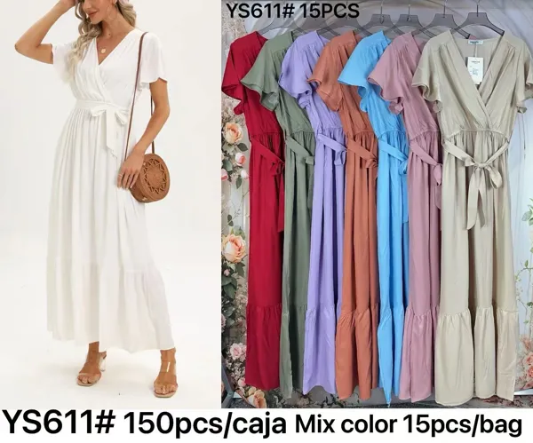 Vestido largo cruzado de manga corta con cinturón para mujer