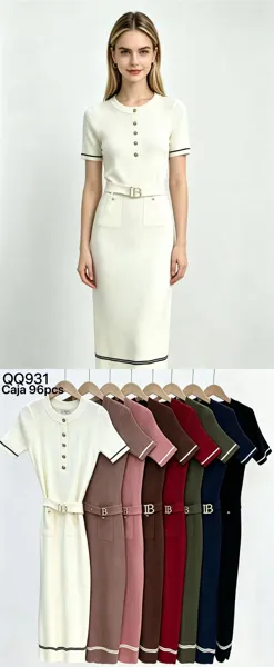 Vestido midi de punto manga corta con cinturón y botones para mujer
