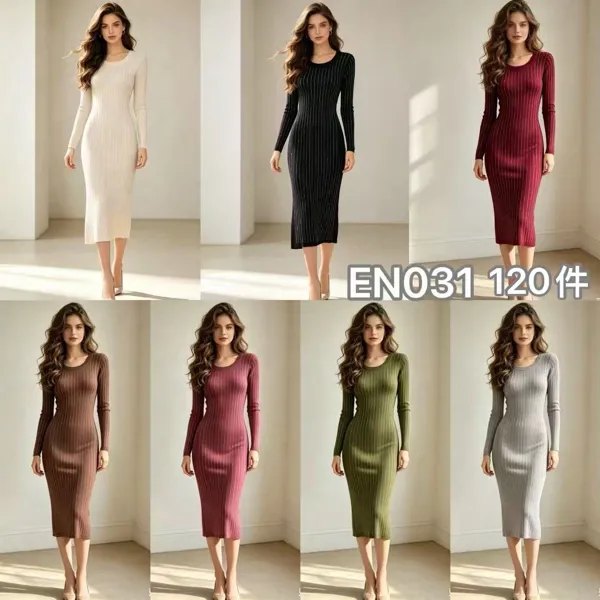 Vestido midi de punto acanalado manga larga ajustado para mujer