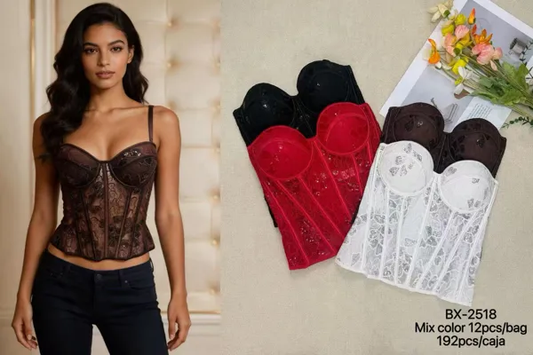 Corsé de encaje con lentejuelas, varillas y tirantes para mujer
