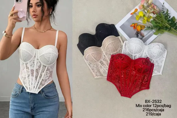 Corsé de encaje floral con varillas y tirantes para mujer