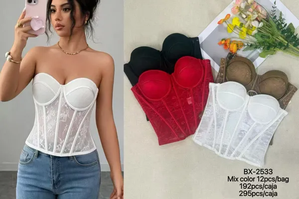 Corsé strapless de encaje con copas y varillas para mujer