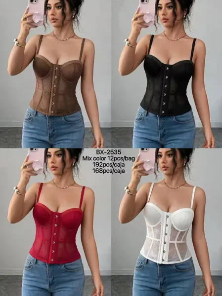 Corsé de encaje con broches frontales y tirantes para mujer