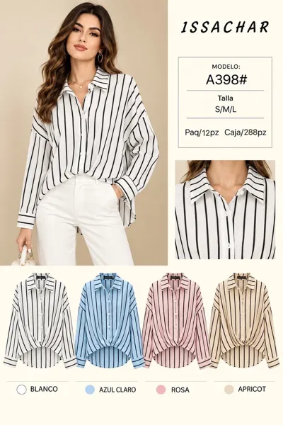 Camisa a rayas manga larga oversize con frente cruzado para mujer