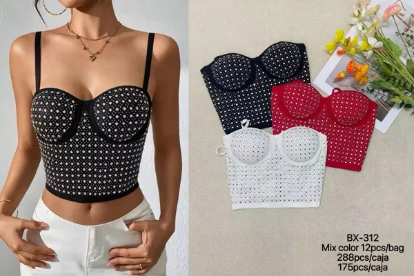 Top corsé con pedrería brillante y tirantes para mujer