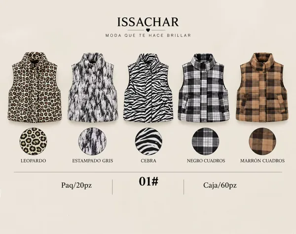 Chaleco acolchado estampado leopardo, cebra y cuadros para mujer
