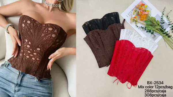 Corsé strapless de encaje calado con varillas para mujer