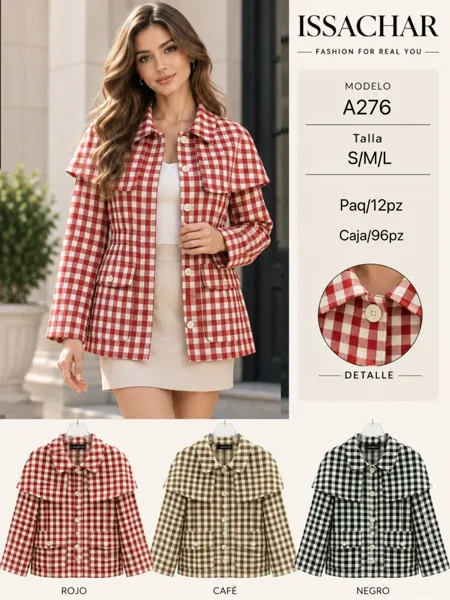 Chaqueta a cuadros con capa y botones para mujer