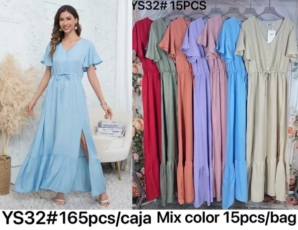 Vestido largo de manga corta con cuello V y abertura para mujer