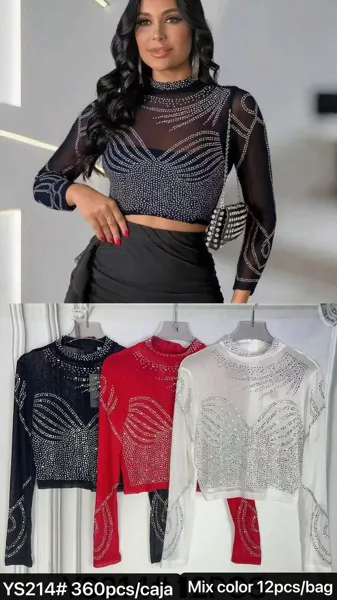 Blusa crop top de malla con pedrería