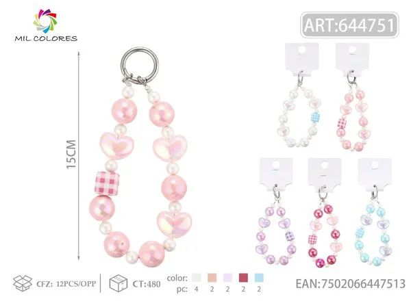 Correa para celular con cuentas de corazón y perlas 15cm