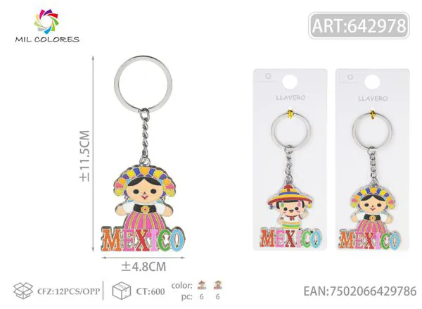 Llavero metálico México con muñeca tradicional mexicana