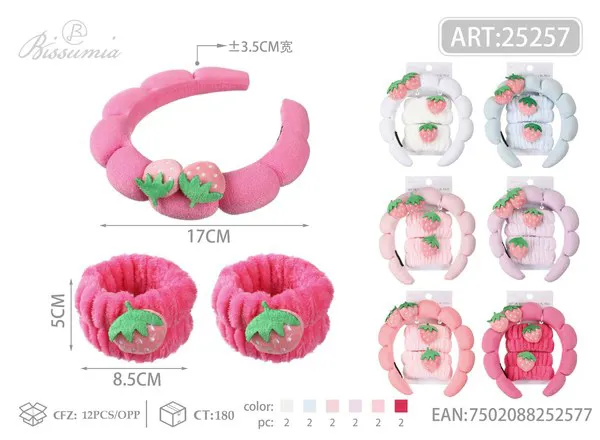Set de diadema acolchada tipo nube con fresas y muñequeras para lavarse la cara, 3 piezas