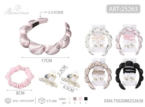 Set de diadema acolchada tipo nube con carita feliz, pinzas y liga, 5 piezas