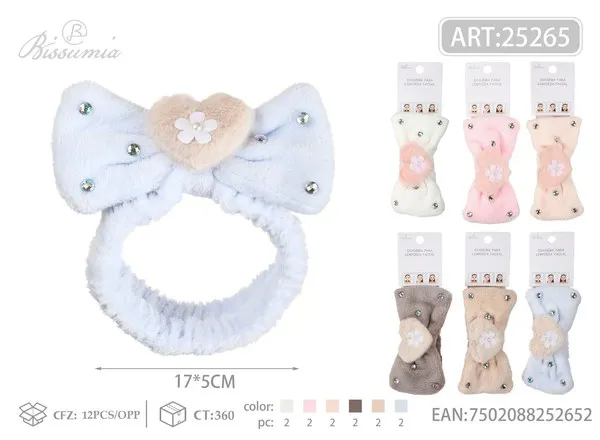Diadema de felpa con moño y corazón para lavarse la cara