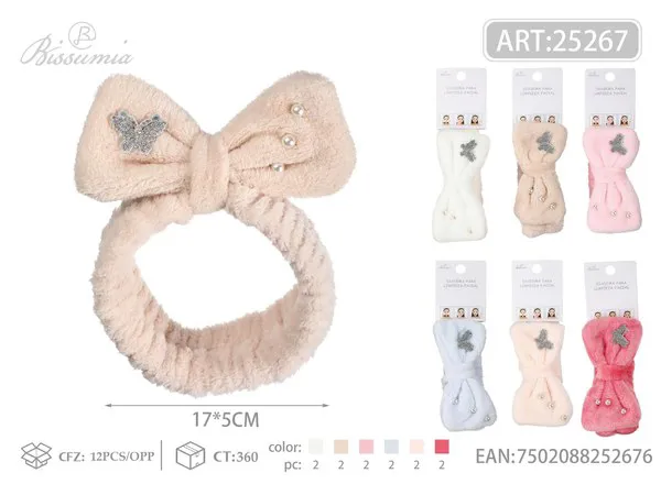 Diadema de felpa con moño y mariposa de pedrería para lavarse la cara