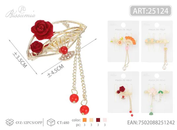 Pasador para cabello estilo oriental con rosa y colgantes 6.5cm