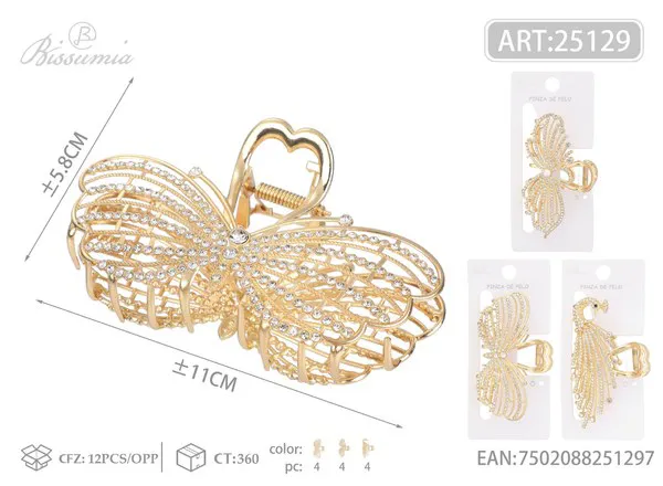 Pinza para cabello dorada calada con mariposa de pedrería 11cm