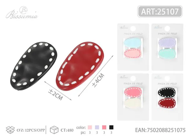 Broches de presión para cabello con borde pespunteado 4cm, 2 piezas