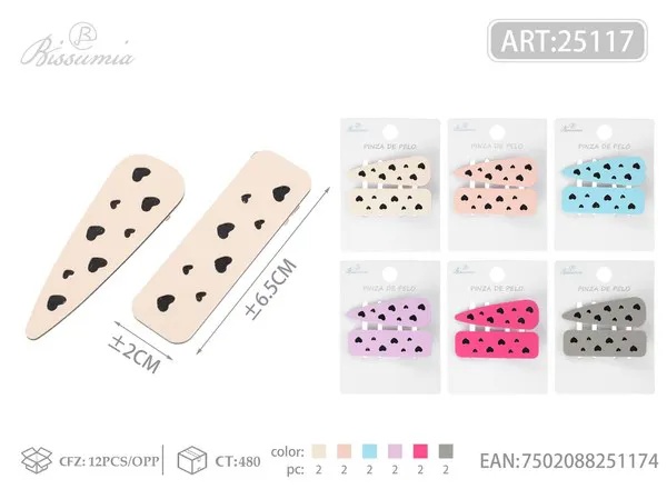 Broches de presión para cabello en forma de gota con corazones 6.5cm, 2 piezas