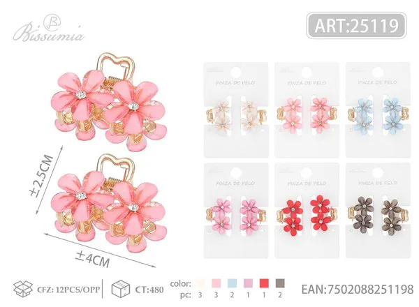 Pinzas para cabello con doble flor y cristales 4cm, 2 piezas