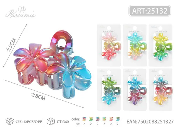 Pinza para cabello con doble flor de plumeria bicolor 8cm