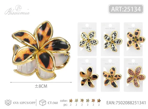 Pinza para cabello flor de plumeria con estampado de leopardo 8cm
