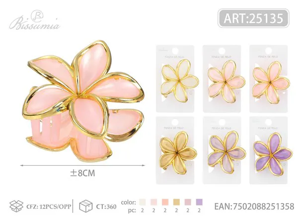 Pinza para cabello flor de plumeria con borde dorado 8cm