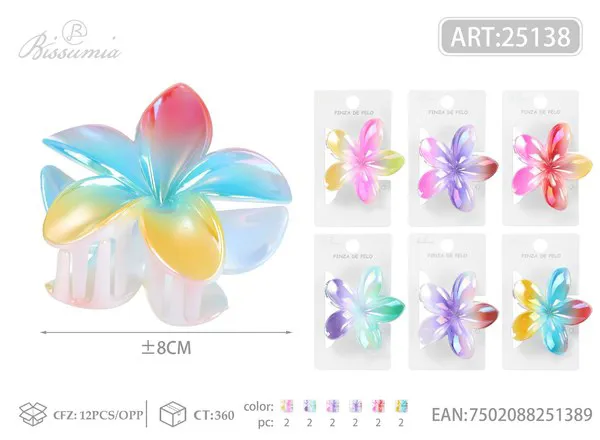 Pinza para cabello flor de plumeria tornasol bicolor 8cm