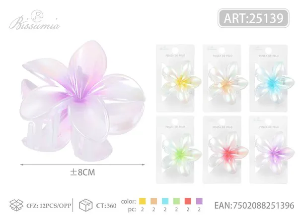 Pinza para cabello flor de plumeria degradado pastel 8cm