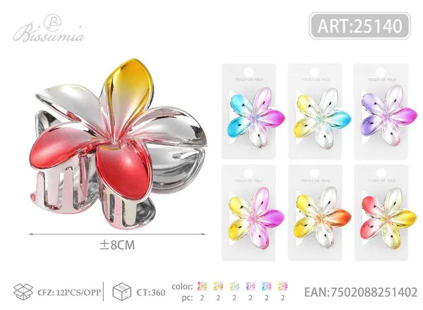 Pinza para cabello flor de plumeria metalizada bicolor 8cm