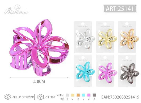 Pinza para cabello flor de plumeria metalizada 8cm