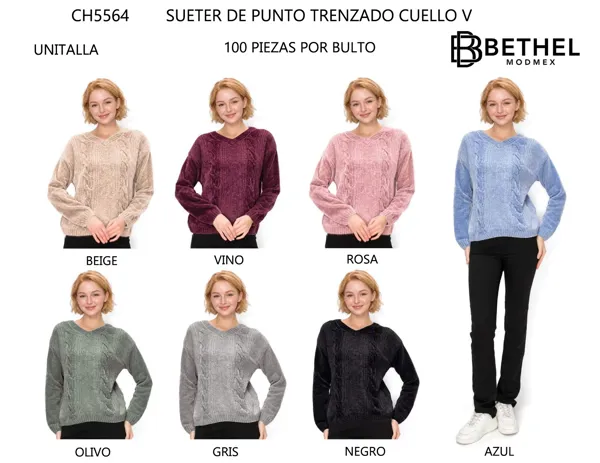 Suéter de punto trenzado cuello V
