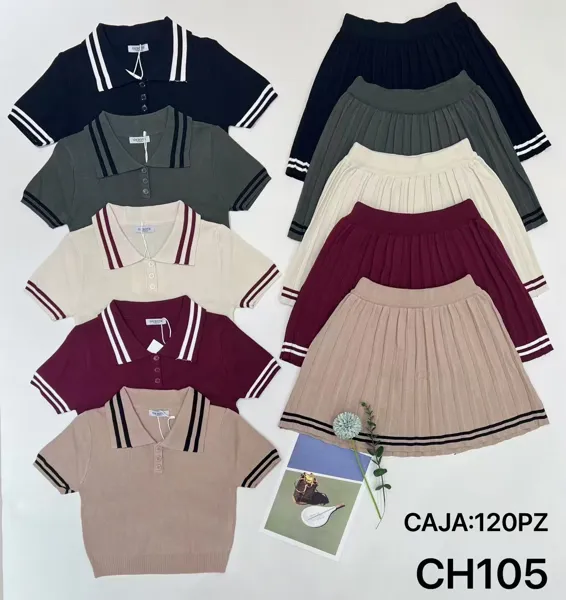 Conjunto de polo de punto y falda plisada con ribetes