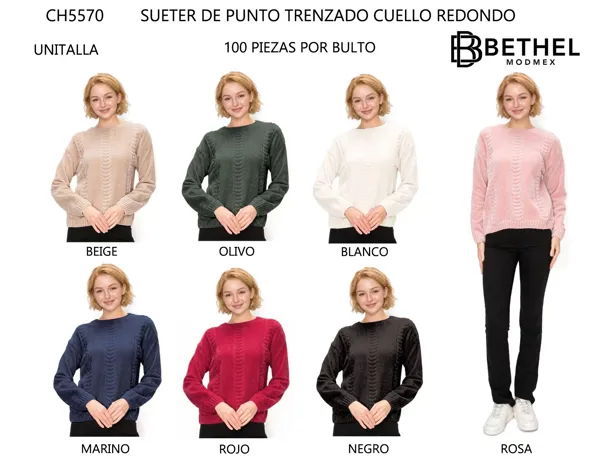 Suéter de punto trenzado cuello redondo