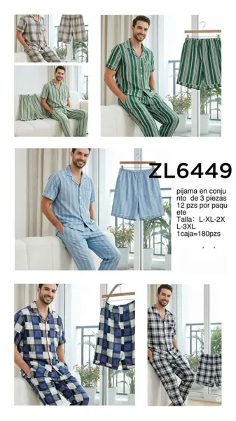 Pijama de 3 piezas para hombre con camisa, pantalón y short