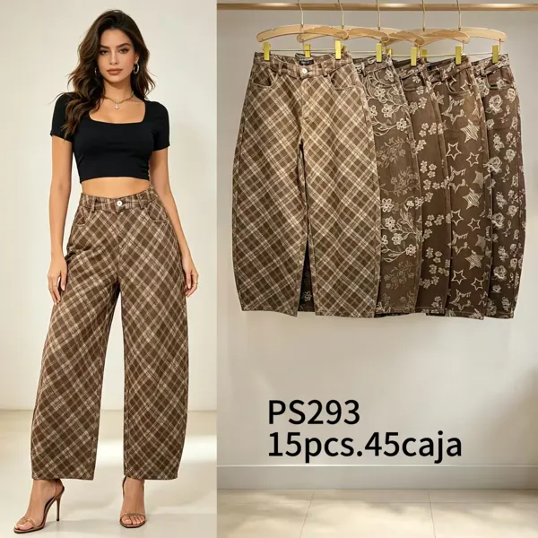 Pantalón de pierna ancha con estampado a cuadros y flores