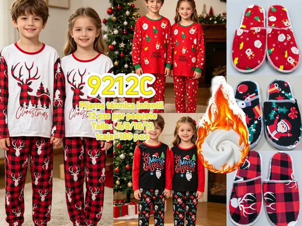 Pijama térmica infantil navideña con reno y pantalón a cuadros