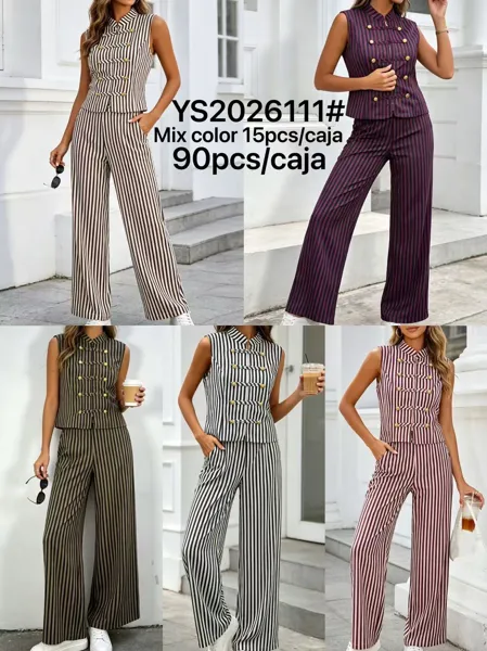 Conjunto de chaleco cruzado y pantalón de pierna ancha a rayas