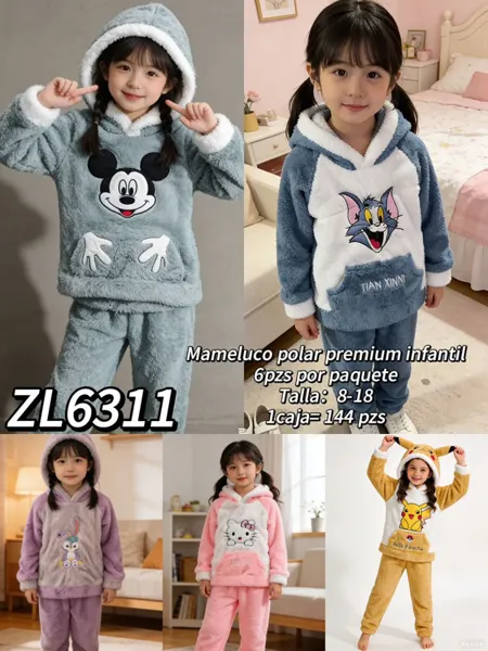 Pijama polar premium infantil con capucha y personajes