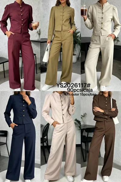 Conjunto de chaqueta con cuello mao y pantalón de pierna ancha