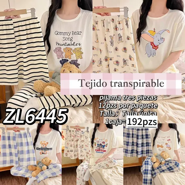 Pijama de tres piezas para dama con playera, short y pantalón