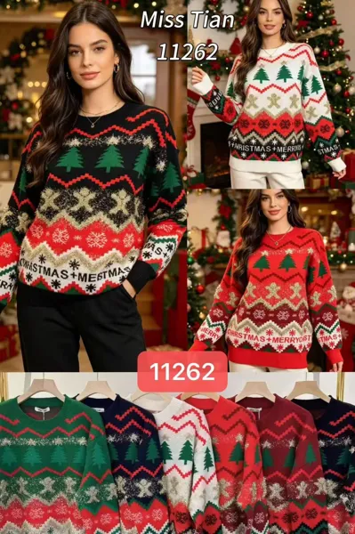 Suéter navideño para dama con árboles y grecas