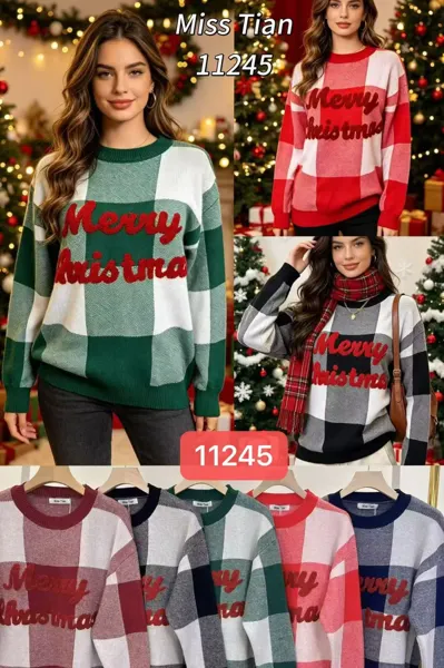 Suéter navideño a cuadros con letras Merry Christmas