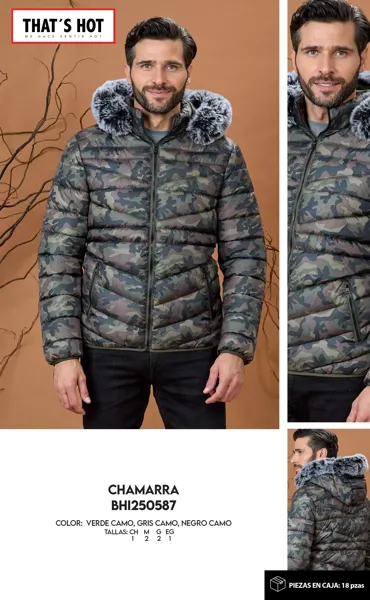 Chamarra acolchada camuflaje con capucha de peluche para hombre