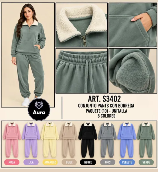 Conjunto de sudadera con medio cierre, cuello de borrega y pants