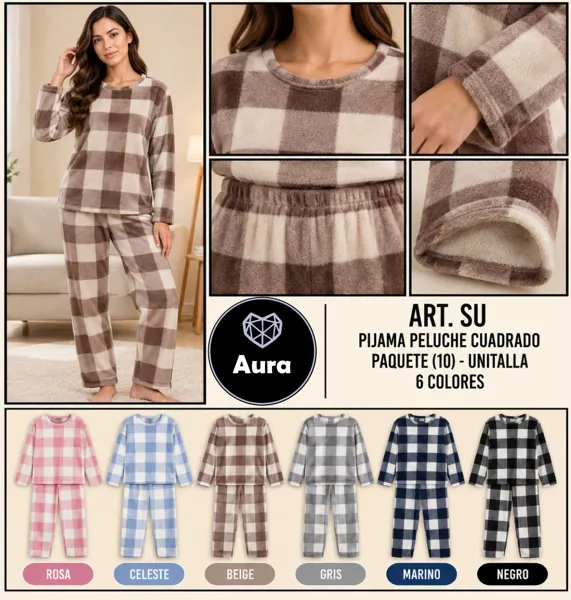 Pijama de peluche para dama a cuadros