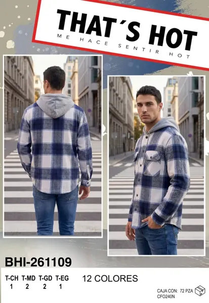 Camisa de franela a cuadros con capucha para hombre